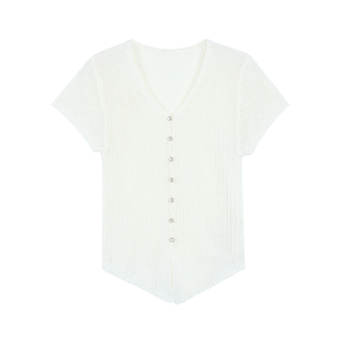 辰米范 夏日BIOUSE 白色镂空v领短袖针织开衫女气质修身短款上衣