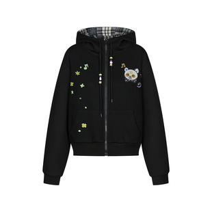 BETWEENAND 秋季waji两面穿卫衣黑色格子卫衣开衫小版型外套