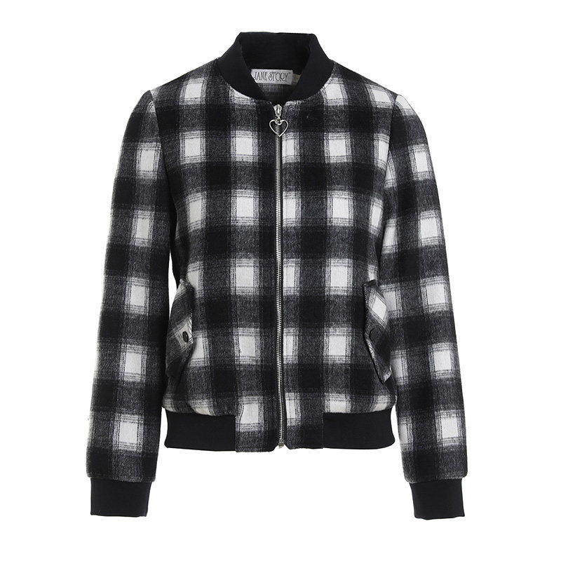 格纹毛呢夹克含羊毛修身版棒球服