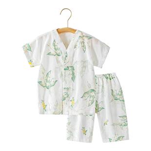 贝肽斯儿童睡衣套装春夏竹棉纱布短袖空调服宝宝家居服套装亲子装