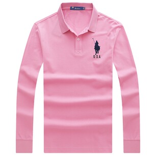 马年长袖翻领T恤男秋季有领带领粉色体恤刺绣POLO衫上衣服粉红色