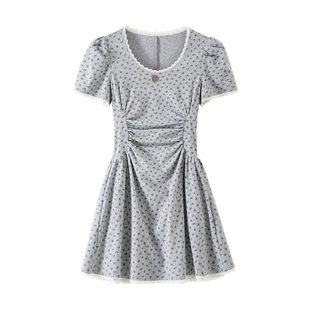 BANANA CICI2025年春夏新款复古甜辣收腰显瘦碎花针织短袖连衣裙