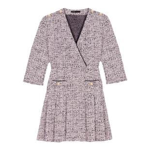 Maje Outlets秋冬女装法式经典V领收腰褶皱裙摆长袖花呢连衣裙