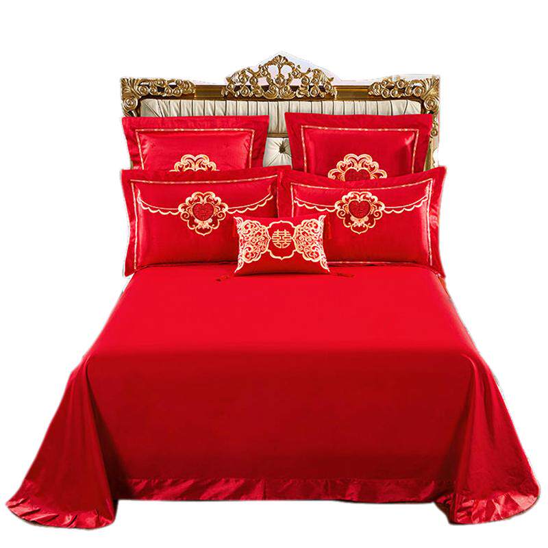 结婚床单双人大红单品大床婚庆三件套纯色飞边磨毛床上枕套1.8床