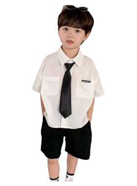 男童夏季套装儿童夏装衬衫2024新款小童帅气英伦风男宝宝短袖夏款
