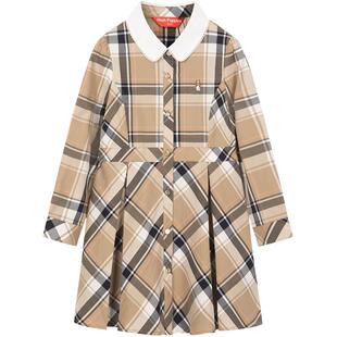 暇步士童装女童连衣裙2024春秋新款儿童学院风长袖裙子大童格子裙