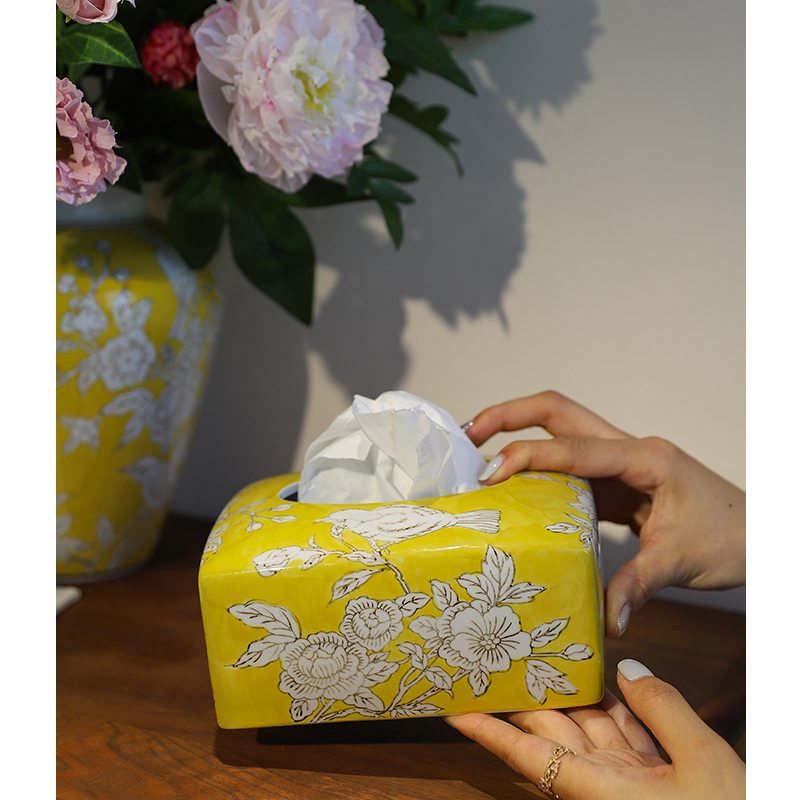 芙菡家居手绘青花“灵雀兆喜”陶瓷纸巾盒抽纸盒客厅餐桌茶几摆件