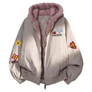 查尔斯桃心美式涂鸦毛领连帽棉服情侣冬季加厚座山雕保暖棉衣外套