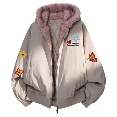 查尔斯桃心涂鸦毛领连帽棉服男