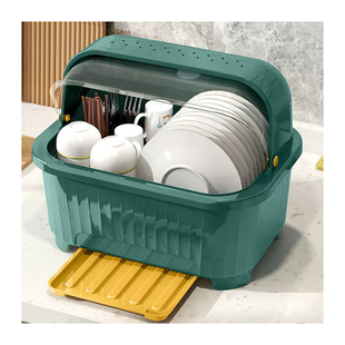 厨房碗筷收纳盒沥水带翻盖放碗盘碟置物架家用塑料碗碟收纳架碗柜