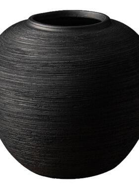 复古黑色大肚侘寂风花瓶轻奢高级感摆件客厅插花陶罐陶瓷花瓶