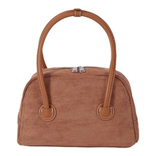 芝士商店~棕色手提包女高级感小众保龄球包包秋冬麂皮绒波士顿包