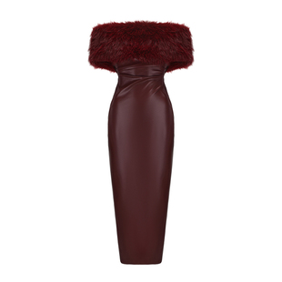 【文咏珊同款】NanaJacqueline可拆卸毛领一字肩连衣裙女新年战袍