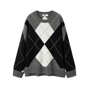 森柔|森马毛衣女冬菱形格撞色落肩圆领宽松套头衫慵懒学院风毛衫