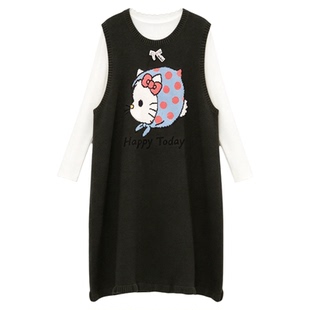 复古森系显白墨绿色针织毛衣背心裙女秋冬超萌Kitty猫叠穿连衣裙