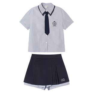 EPTISON套装女2025夏新款宽松条纹衬衫时尚百褶裙裤学院风两件套