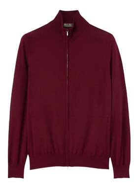 Loro Piana/诺悠翩雅男装高领拉链酒红色羊毛针织长袖毛衣