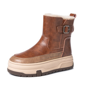 真皮兔毛雪地靴女冬季加绒加厚保暖侧拉链短靴厚底防滑东北大棉鞋
