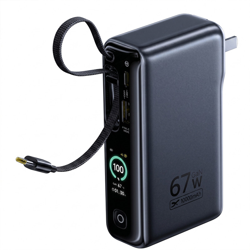 倍思AI智能屏移动电源67W闪充三合一伸缩线充电宝快充Power Bank