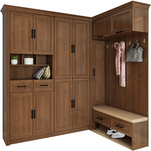 入户门鞋柜玄关柜带坐凳挂衣架转角柜进门储物柜原木风到顶衣柜