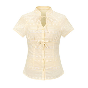 dorydory新中式蝴蝶结系带短袖衬衫法式小资独特漂亮初春薄上衣
