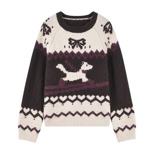 秋水伊人撞色复古圆领毛衣2025年冬季新款费尔岛时尚提花毛针织衫