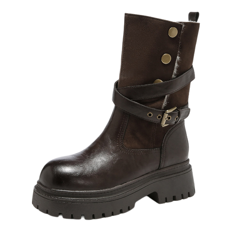 星期六英伦风复古马丁靴女厚底2025冬季巨好看加绒女鞋子中筒棉靴