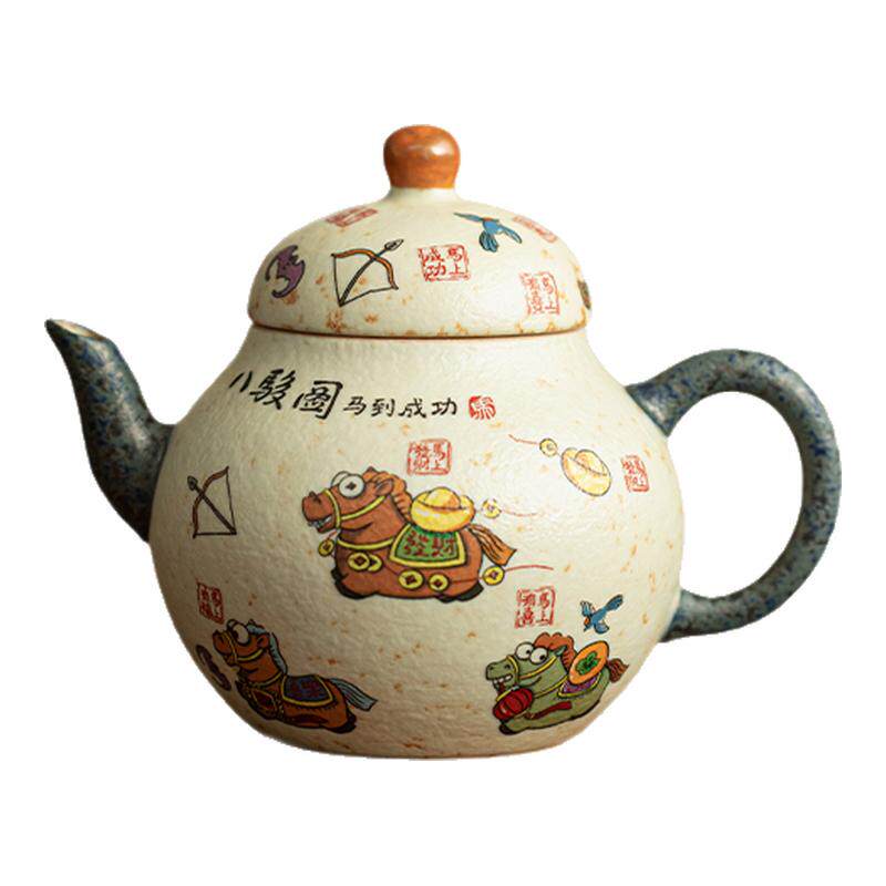 青花火石红八骏图小葫芦壶家用陶瓷茶壶单壶泡茶壶功夫茶具闷茶壶
