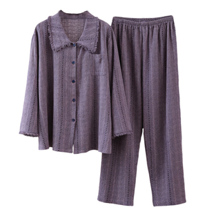 双层棉纱大码纯棉睡衣妈妈春秋长袖长裤两件套家居服女200斤胖mm