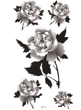 黑白牡丹花防水女持久花草黑色花朵花臂胸花腿部遮疤痕纹身贴纸