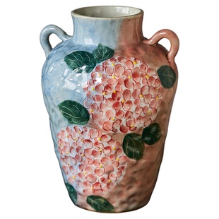 陶美集景德镇手绘花瓶釉下彩高级感复古水培花器客厅装饰品摆件
