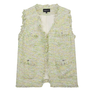 NEELLY纳俪商场同款小香风时尚马甲女毛边设计套装高腰短裤显瘦