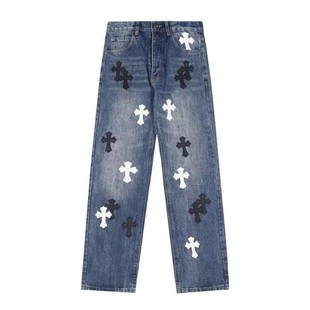 纯原美式轻奢牛仔裤水洗做旧十字架贴标休闲宽松直筒高街裤子男女