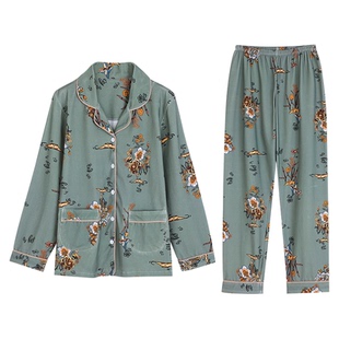 睡衣女春秋纯棉长袖中年妈妈开衫家居服秋季全棉加厚秋冬大码套装