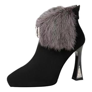 真皮时尚貂毛高跟短靴女2025秋冬款显瘦防水台厚底马丁靴加绒女靴