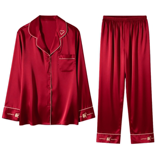 猫人冰丝红色睡衣情侣套装春秋款结婚新婚真丝家居服高级感礼盒装