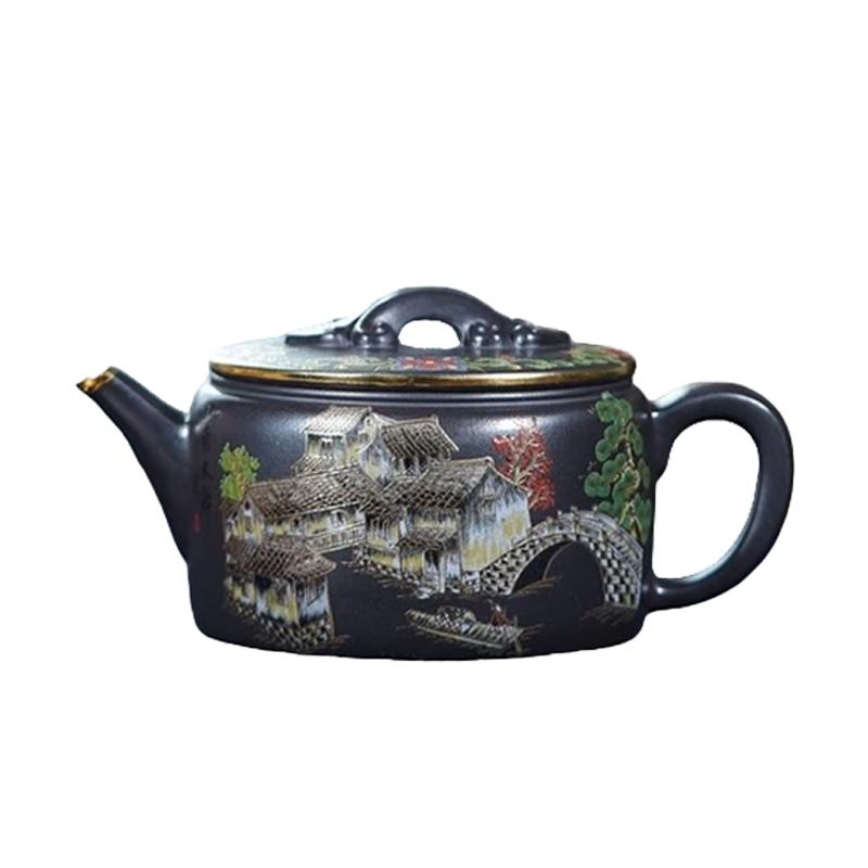 纯手工紫砂壶绿泥珐琅彩汉瓦茶壶
