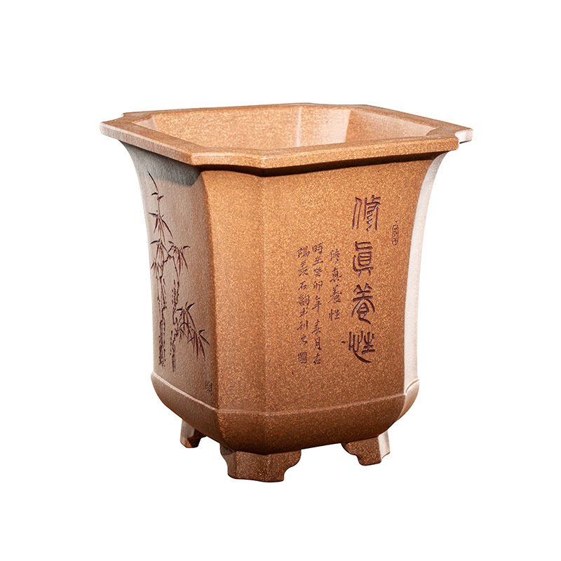 高档精品名家许成安宜兴原矿老段泥宽口高四方紫砂签筒千筒兰花盆