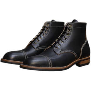 强尼制靴 重磅BOX小牛皮复古工装靴serviceboots服务靴外翻缝男鞋