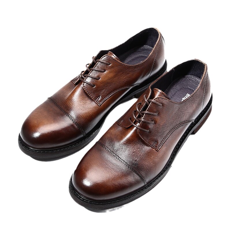 美式阿美咔叽圆头复古男鞋 褶皱真皮手工擦色做旧潮流休闲皮鞋