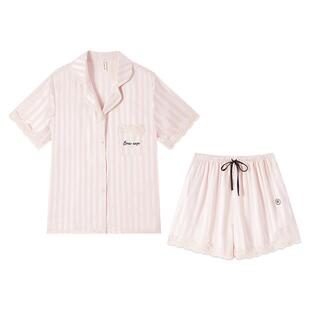 睡衣女夏季冰丝带胸垫女士短袖短裤夏家居服套装条纹蕾丝丝绸夏天