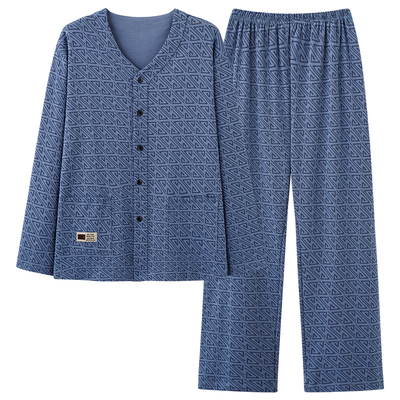 帕兰朵睡衣男士套装v领长袖2025秋冬100%纯棉男款青年宽松家居服