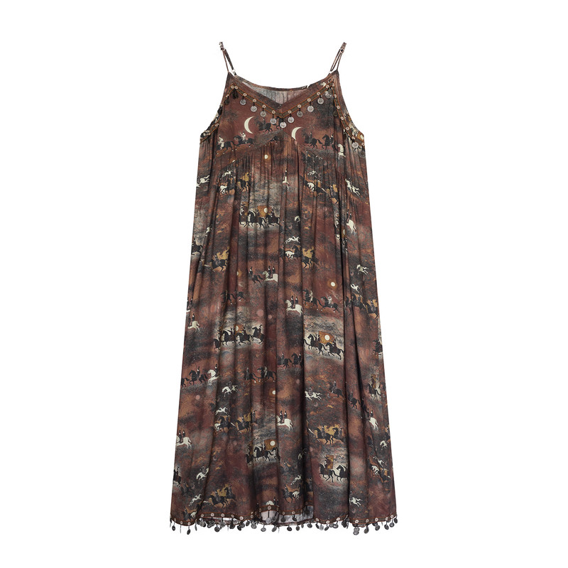安妮森林法式复古花色吊带裙