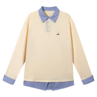 PSO Brand男装女装学院风假两件针织polo衫修身长袖T恤上衣情侣装