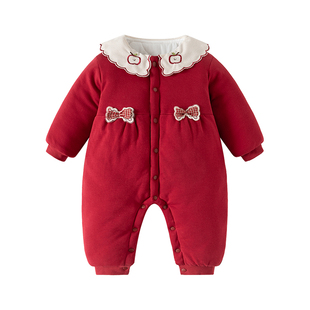 婴儿冬装衣服喜庆拜新年过年外出服女宝宝新生洋气夹棉服连体抱衣