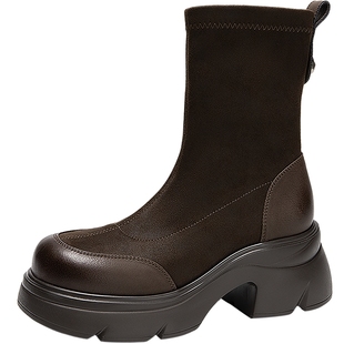 千百度牛皮拼接弹力袜靴女冬季新款厚底保暖轻便增高短靴子