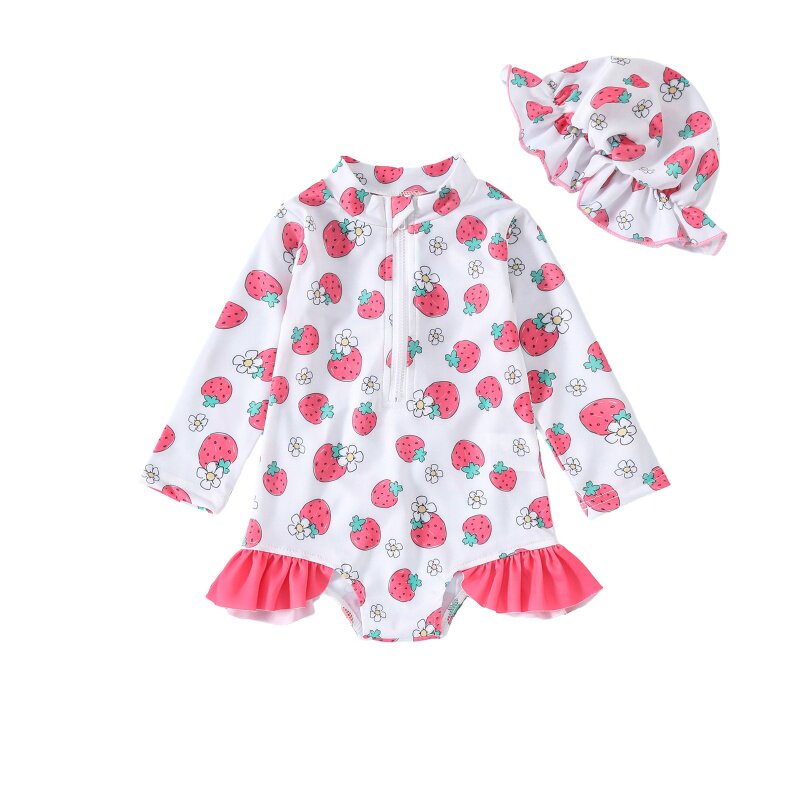 BABY SWIMSUIT女婴长袖水果连体泳衣帽子拉链式 花边一体式泳衣