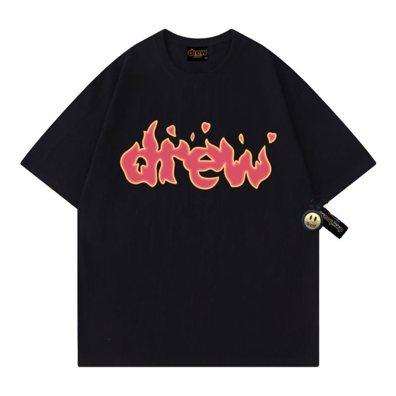 Drew夏季火焰字潮牌美式复古春夏ins纯棉国潮宽松运动男女情侣t恤