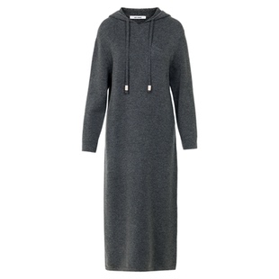 朗姿纯羊毛连帽直筒针织连衣裙时尚百搭通勤长裙女2025年冬季新款