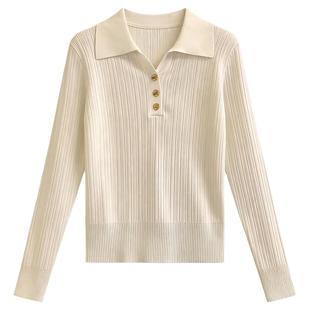 通勤风Polo翻领纽扣针织上衣女2026春秋冬季正肩坑条长袖打底毛衣
